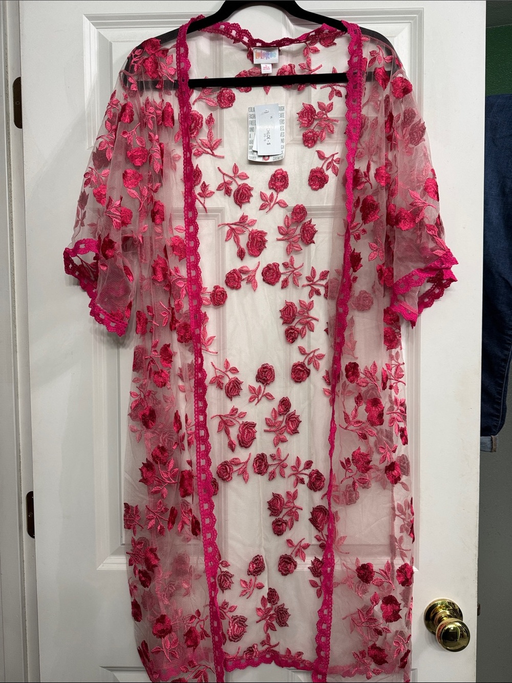 LuLaRoe Hot Pink Floral Embroidered Sheer Kimono